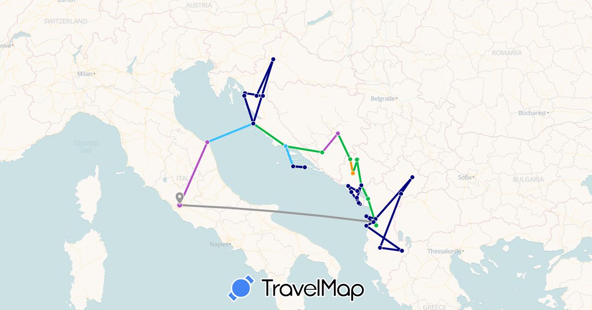 TravelMap itinerary: driving, bus, plane, train, boat, hitchhiking in Albania, Bosnia and Herzegovina, Croatia, Italy, Montenegro, Kosovo (Europe)
